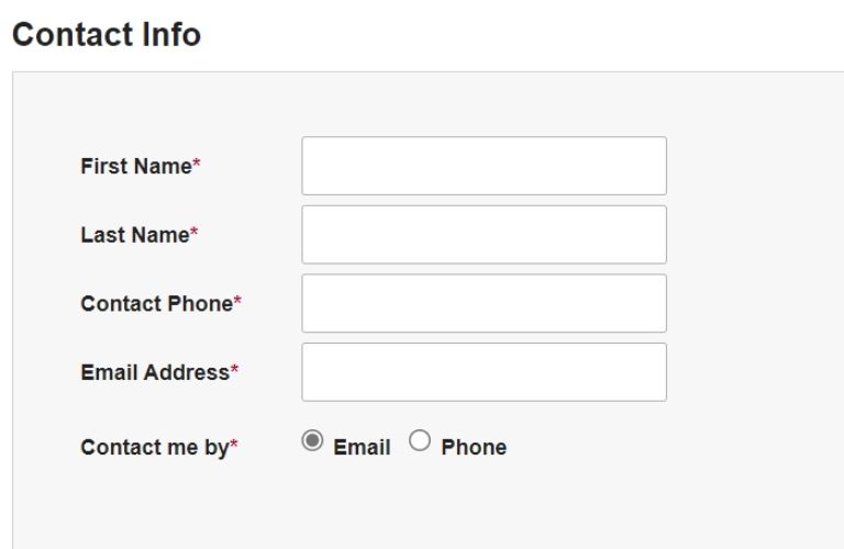 The contact info form that needs to be filled as part of ordering parts