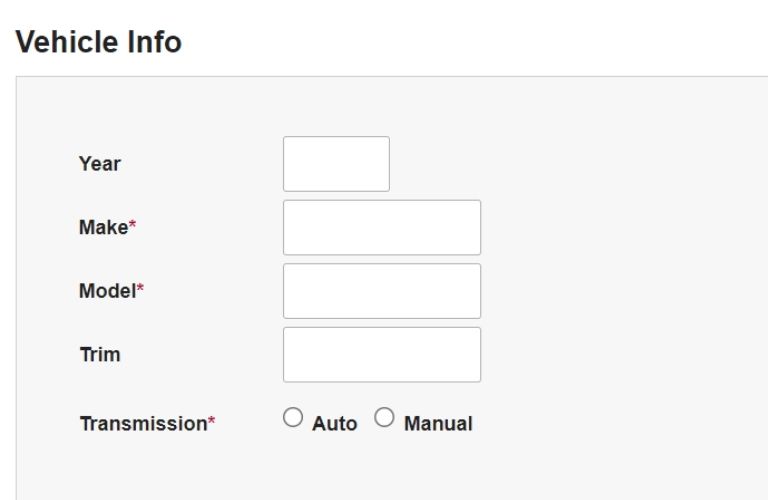 Image of the vehicle info form that is required to be filled for ordering parts